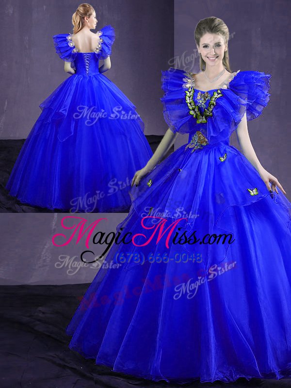 wholesale amazing royal blue sweetheart lace up appliques and ruffles quince ball gowns sleeveless