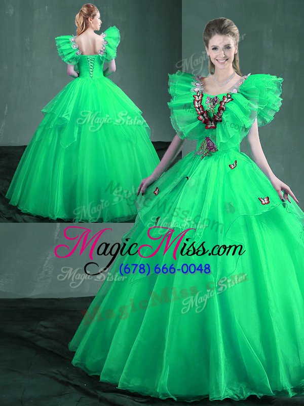 wholesale ball gowns vestidos de quinceanera turquoise and apple green square organza sleeveless floor length lace up