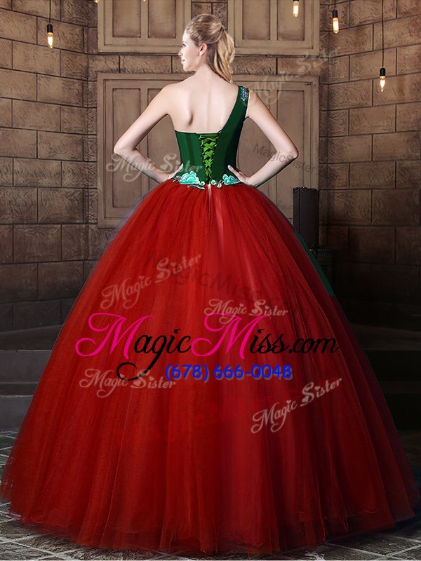 wholesale unique rust red ball gowns tulle one shoulder sleeveless pattern floor length lace up quince ball gowns