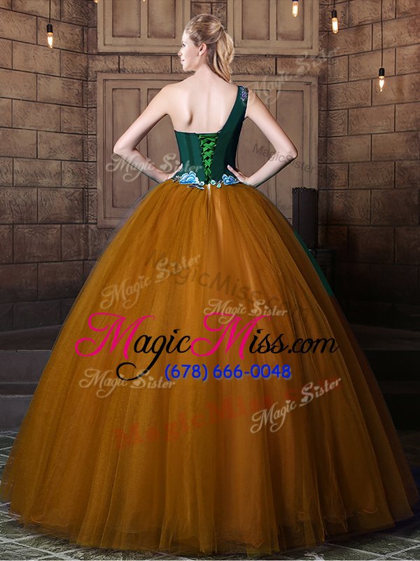 wholesale enchanting one shoulder floor length lace up 15 quinceanera dress brown and in for military ball and sweet 16 and quinceanera with pattern