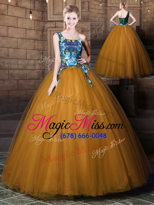 wholesale enchanting one shoulder floor length lace up 15 quinceanera dress brown and in for military ball and sweet 16 and quinceanera with pattern