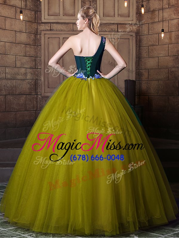 wholesale luxurious olive green ball gowns tulle one shoulder sleeveless pattern floor length lace up quinceanera gowns