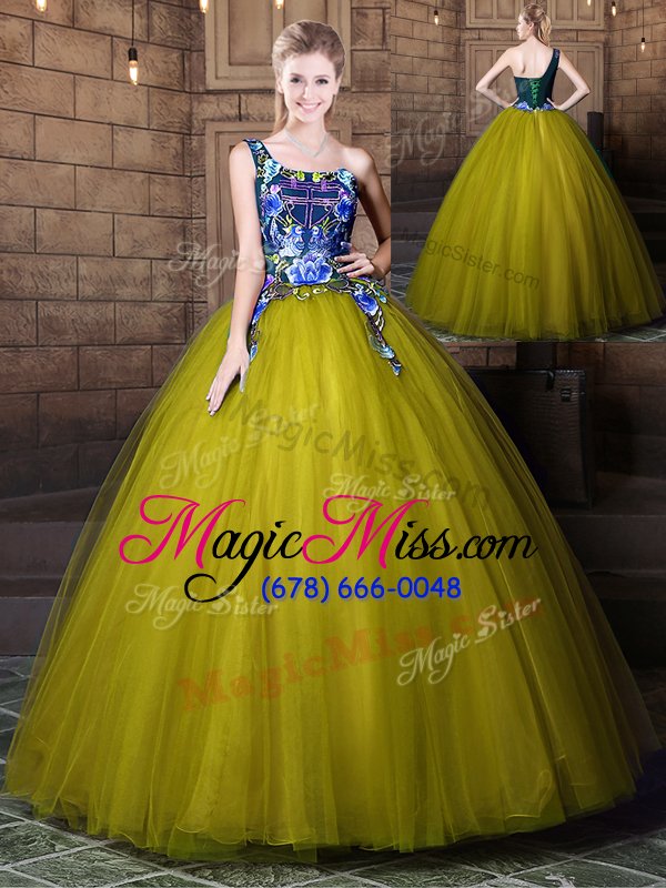 wholesale luxurious olive green ball gowns tulle one shoulder sleeveless pattern floor length lace up quinceanera gowns