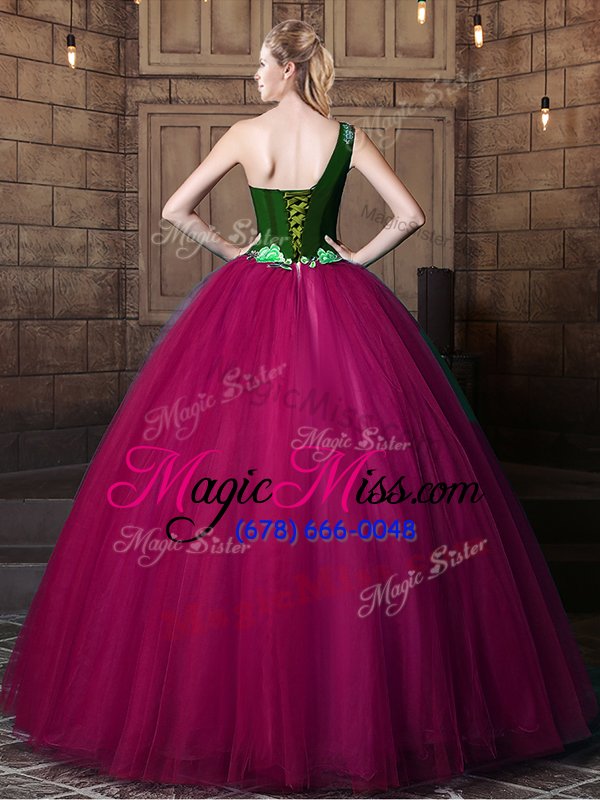 wholesale one shoulder fuchsia tulle lace up quince ball gowns sleeveless floor length pattern