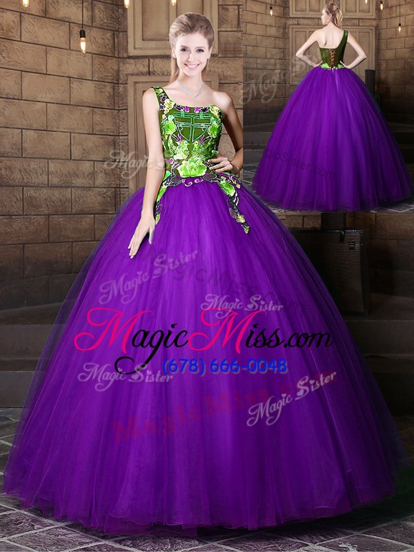wholesale discount eggplant purple ball gowns tulle one shoulder sleeveless pattern floor length lace up quinceanera dress