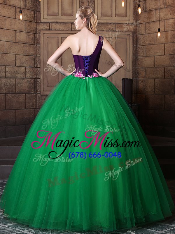wholesale new style green ball gown prom dress military ball and sweet 16 and quinceanera and for with pattern one shoulder sleeveless lace up