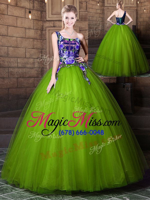 wholesale perfect one shoulder floor length lace up sweet 16 dresses olive green and in for military ball and sweet 16 and quinceanera with pattern
