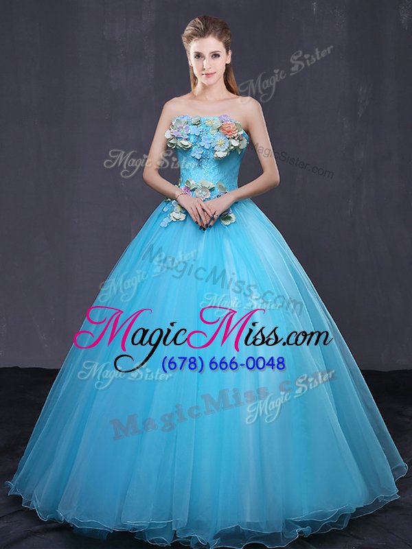 wholesale baby blue sleeveless floor length appliques lace up quinceanera dresses