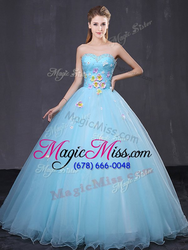 wholesale clearance floor length light blue 15th birthday dress tulle sleeveless beading and appliques
