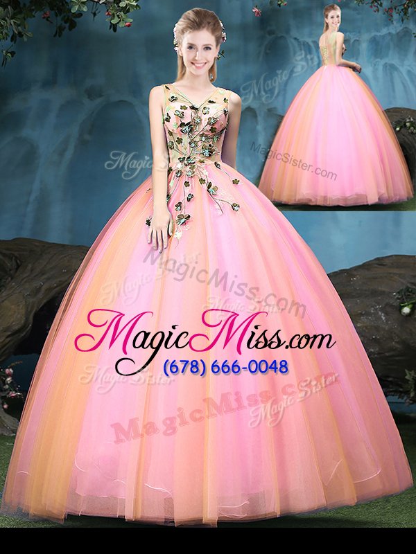 wholesale superior sleeveless tulle floor length lace up ball gown prom dress in multi-color for with appliques