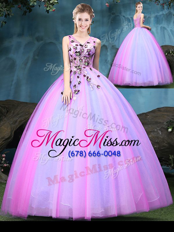 wholesale sophisticated floor length multi-color quinceanera gown v-neck sleeveless lace up