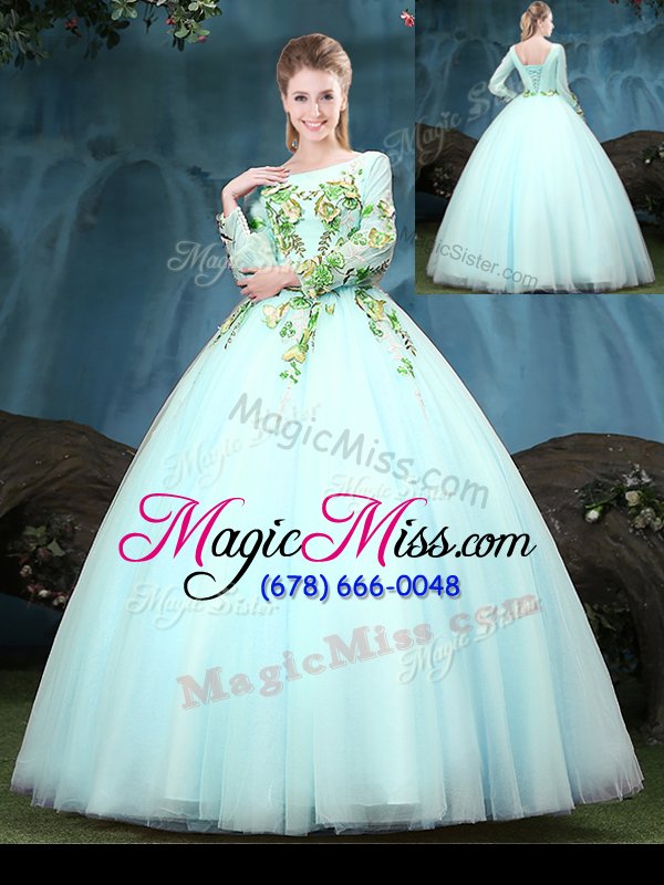 wholesale most popular scoop long sleeves floor length appliques lace up sweet 16 dress with aqua blue