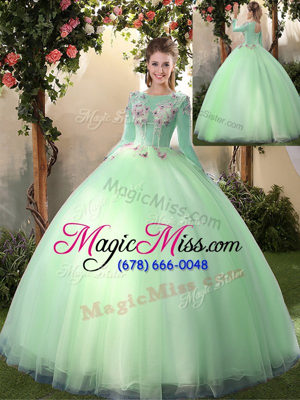 wholesale low price apple green ball gowns tulle scoop long sleeves appliques floor length lace up vestidos de quinceanera