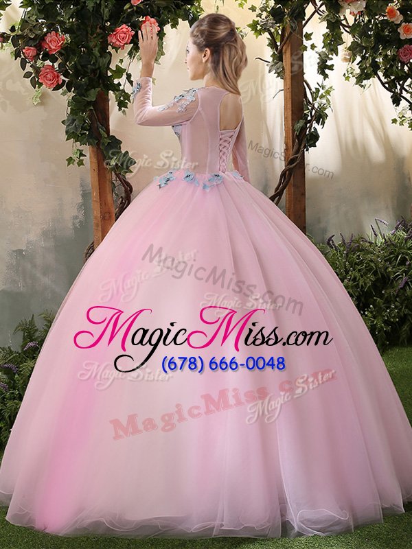 wholesale tulle scoop long sleeves lace up appliques quince ball gowns in baby pink