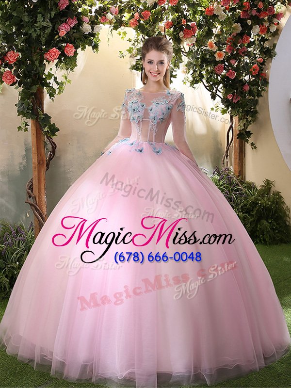 wholesale tulle scoop long sleeves lace up appliques quince ball gowns in baby pink