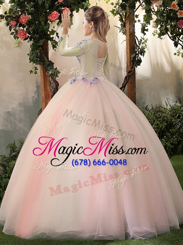 wholesale edgy scoop long sleeves floor length appliques lace up quinceanera dresses with peach