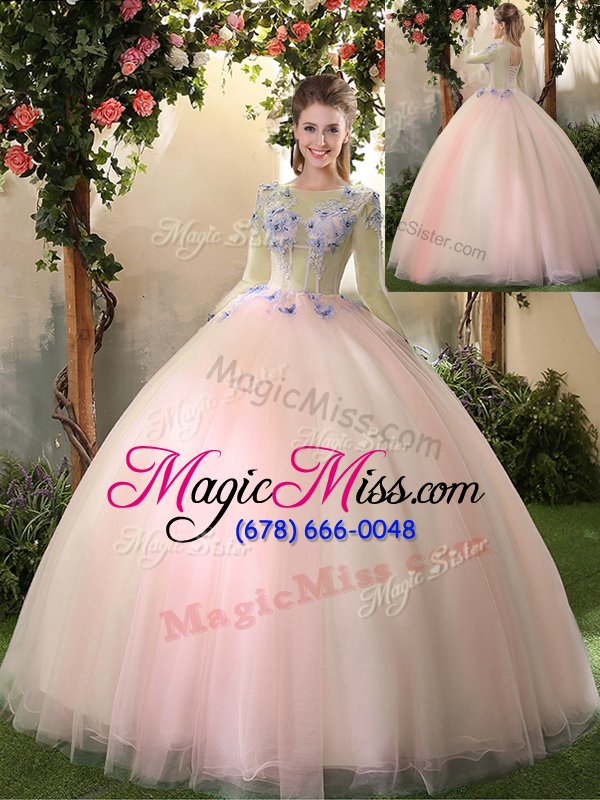 wholesale edgy scoop long sleeves floor length appliques lace up quinceanera dresses with peach