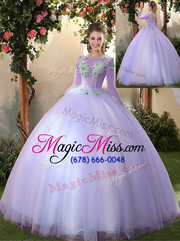 wholesale fashion ball gowns quinceanera dress lavender scoop tulle 3|4 length sleeve floor length lace up