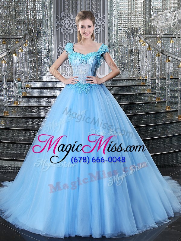 wholesale fitting with train light blue ball gown prom dress straps sleeveless brush train lace up