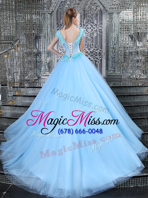 wholesale fitting with train light blue ball gown prom dress straps sleeveless brush train lace up