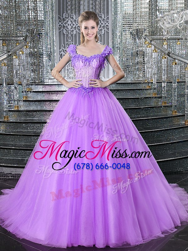 wholesale noble brush train ball gowns 15 quinceanera dress lilac straps tulle sleeveless with train lace up