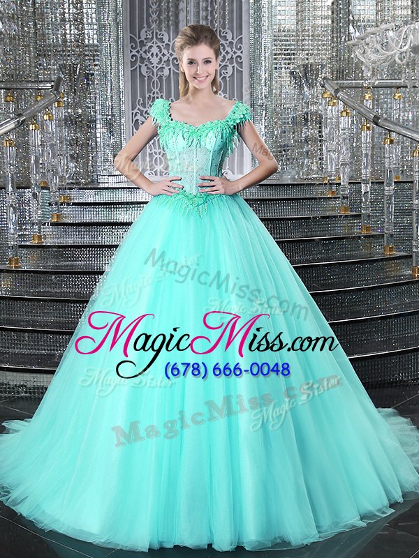 wholesale admirable straps straps aqua blue ball gowns beading and appliques quince ball gowns lace up tulle sleeveless with train