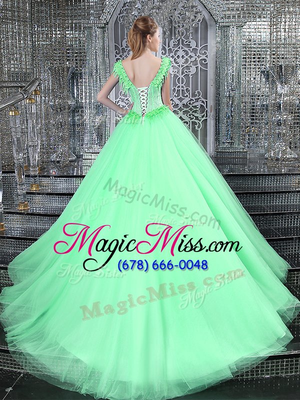 wholesale apple green straps neckline beading and appliques 15 quinceanera dress sleeveless lace up