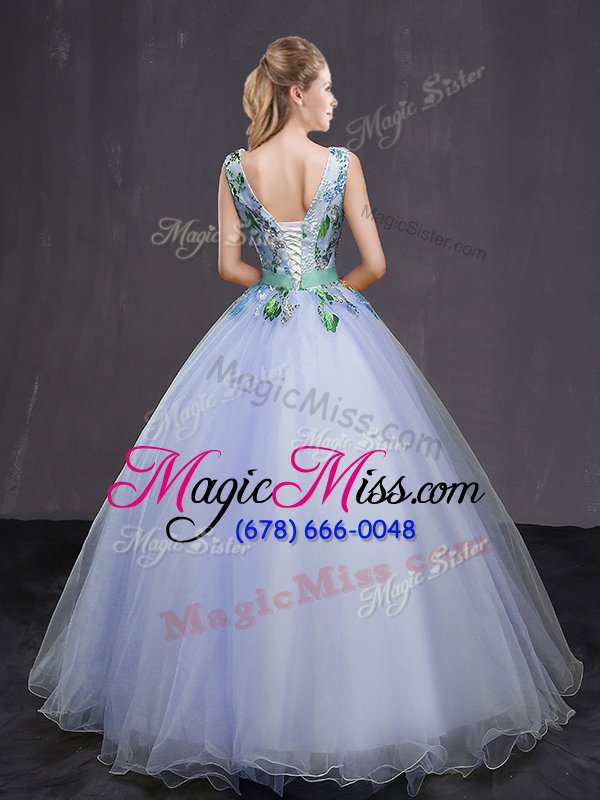 wholesale designer sleeveless tulle floor length lace up 15th birthday dress in lavender for with appliques and belt