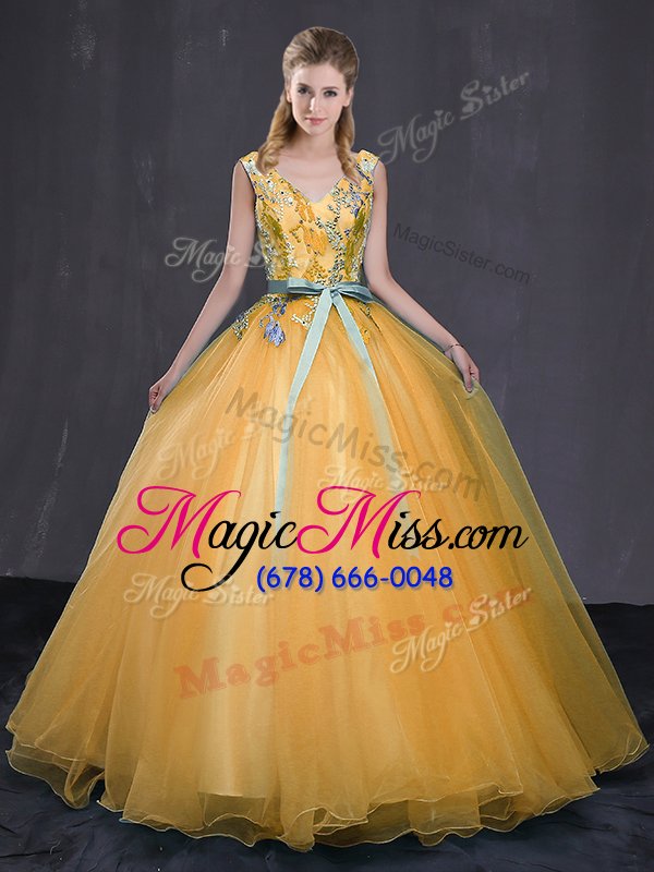 wholesale excellent floor length lace up ball gown prom dress gold and in for military ball and sweet 16 and quinceanera with appliques and belt