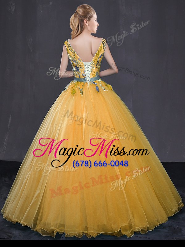 wholesale excellent floor length lace up ball gown prom dress gold and in for military ball and sweet 16 and quinceanera with appliques and belt