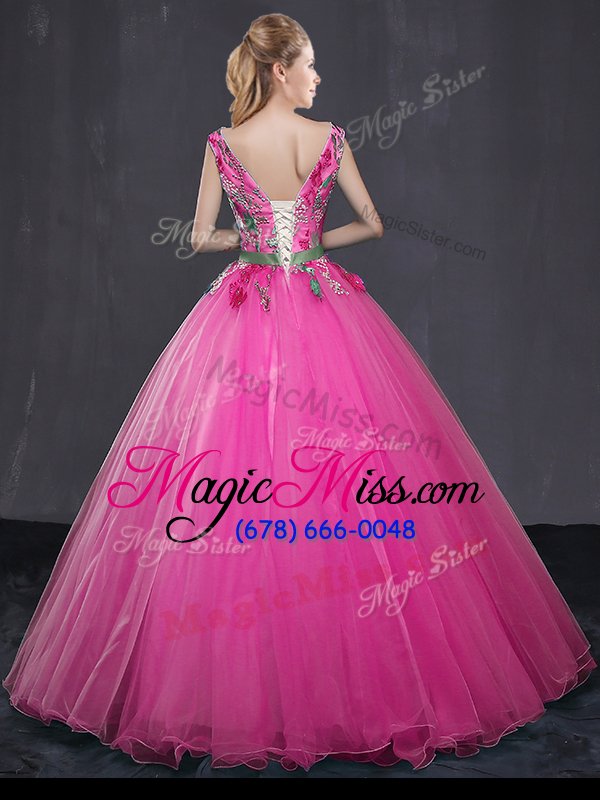 wholesale high end tulle sleeveless floor length quinceanera dress and appliques and belt