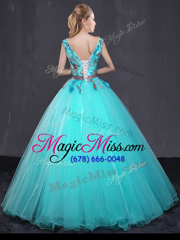 wholesale graceful aqua blue sleeveless tulle lace up quinceanera gown for military ball and sweet 16 and quinceanera