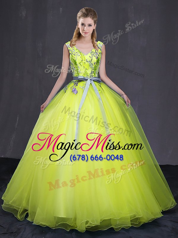 wholesale luxurious yellow green sleeveless floor length appliques and belt lace up quinceanera dress
