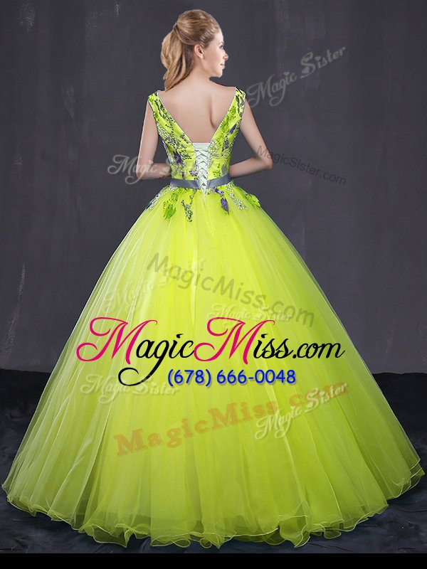 wholesale luxurious yellow green sleeveless floor length appliques and belt lace up quinceanera dress