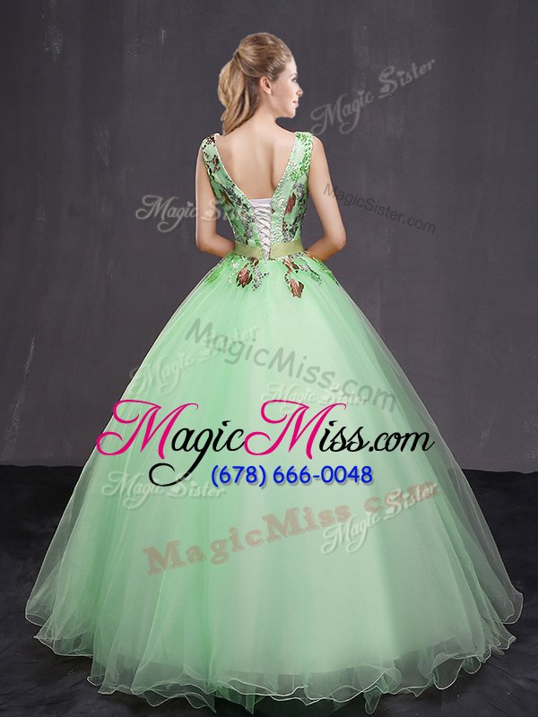 wholesale fashionable tulle sleeveless floor length ball gown prom dress and appliques and belt