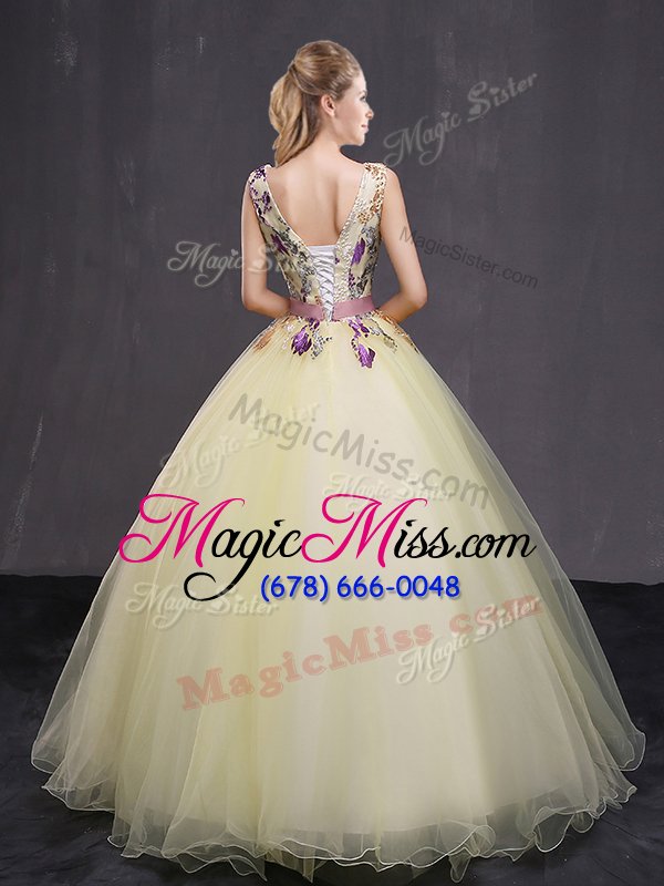 wholesale edgy light yellow sleeveless floor length appliques and belt lace up 15 quinceanera dress
