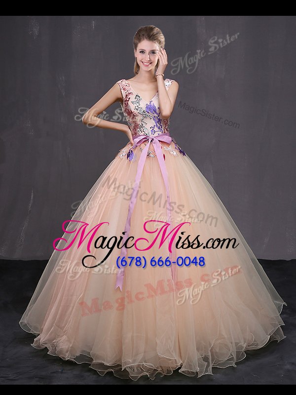 wholesale sleeveless lace up floor length appliques and belt 15th birthday dress