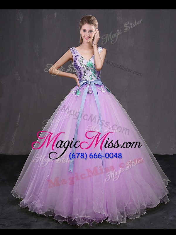wholesale modest sleeveless floor length appliques and belt lace up sweet 16 dress with lilac