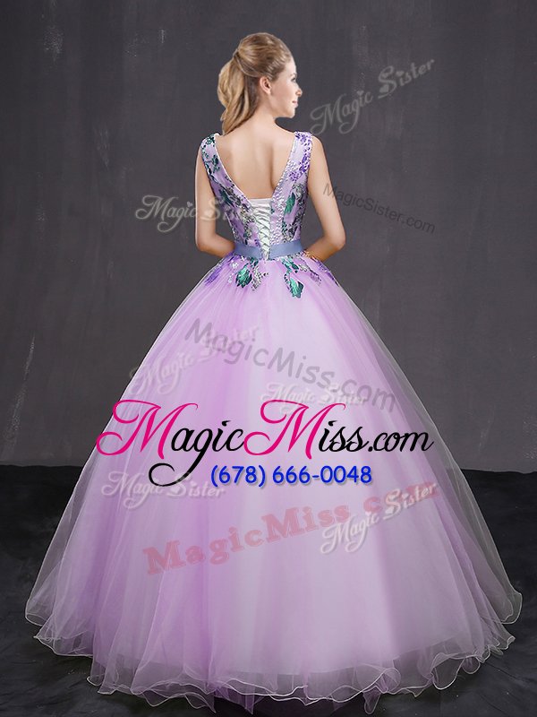 wholesale modest sleeveless floor length appliques and belt lace up sweet 16 dress with lilac