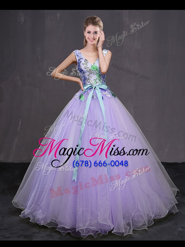 wholesale glittering lavender ball gown prom dress military ball and sweet 16 and quinceanera and for with beading and belt v-neck sleeveless lace up