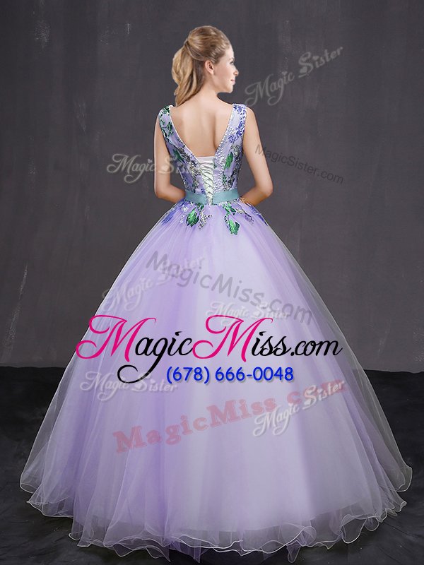 wholesale glittering lavender ball gown prom dress military ball and sweet 16 and quinceanera and for with beading and belt v-neck sleeveless lace up