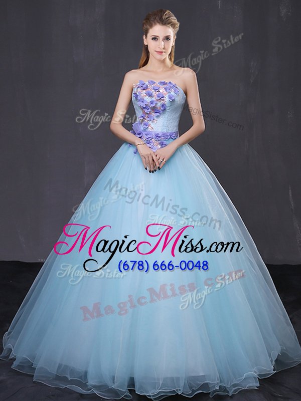 wholesale clearance light blue ball gowns tulle strapless sleeveless appliques and belt floor length lace up vestidos de quinceanera