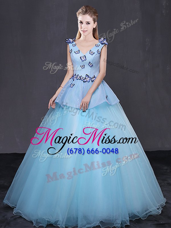 wholesale smart floor length light blue sweet 16 dress v-neck sleeveless lace up