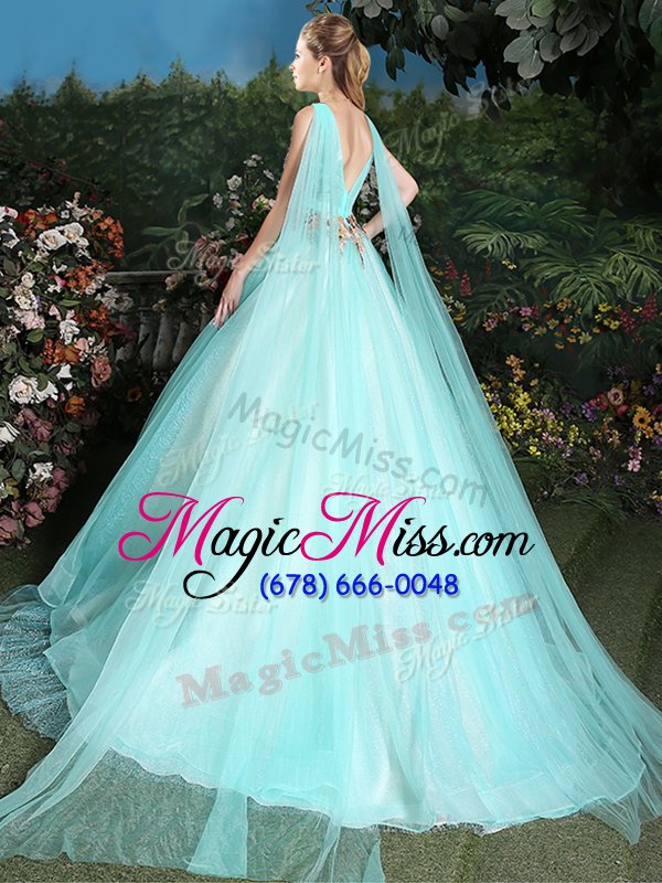 wholesale glorious with train ball gowns sleeveless aqua blue sweet 16 dresses brush train lace up