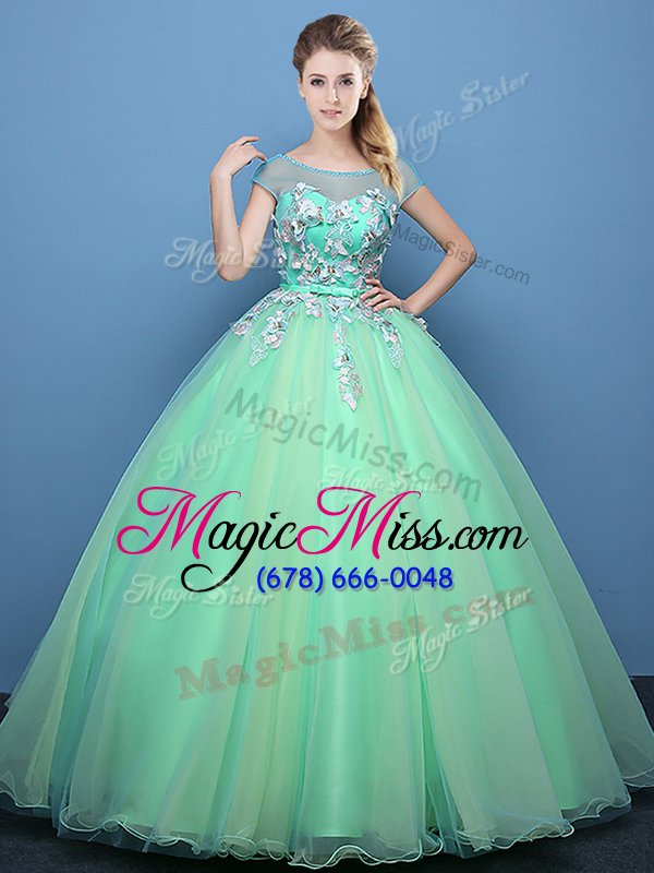 wholesale deluxe yellow green lace up scoop appliques sweet 16 dresses tulle cap sleeves