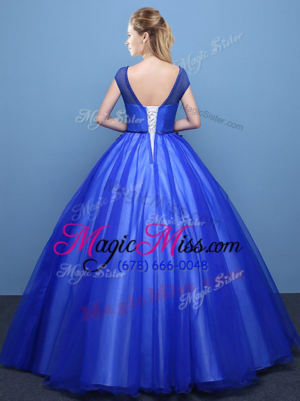 wholesale sophisticated scoop royal blue lace up 15th birthday dress appliques cap sleeves floor length