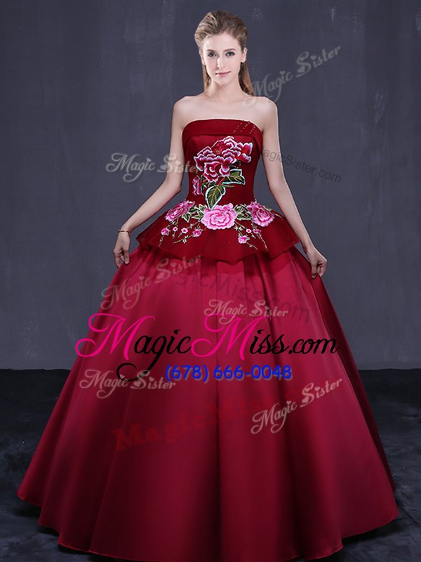 wholesale wonderful wine red sleeveless embroidery floor length quince ball gowns