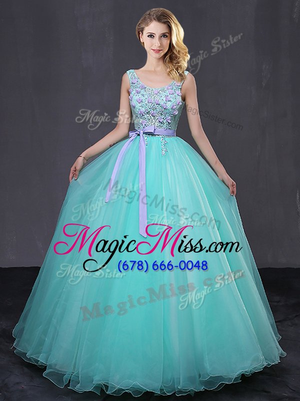 wholesale floor length aqua blue quinceanera gown scoop sleeveless lace up