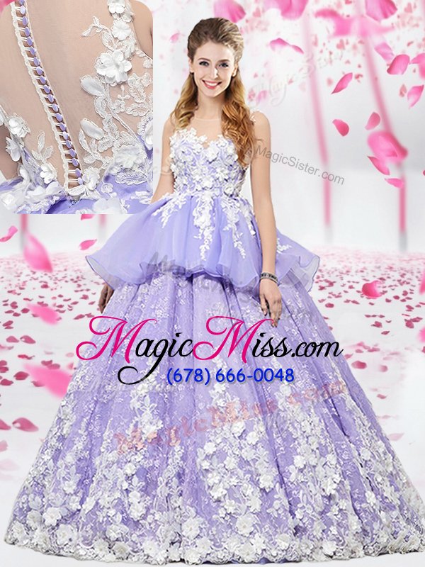 wholesale dazzling scoop lavender lace up sweet 16 dress appliques sleeveless floor length