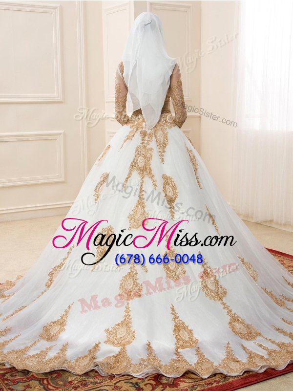 wholesale artistic white zipper v-neck appliques quinceanera dress tulle 3|4 length sleeve sweep train